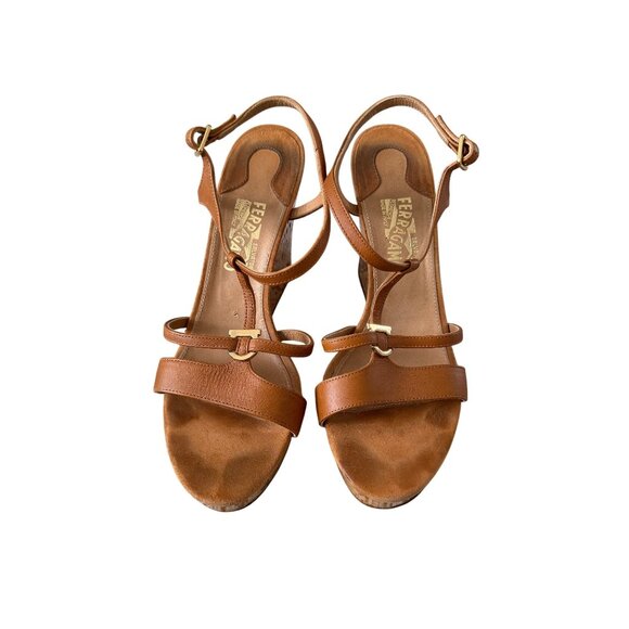 SALVATORE FERRAGAMO Tan Leather Cork Wedges Size 10 - Picture 13 of 13